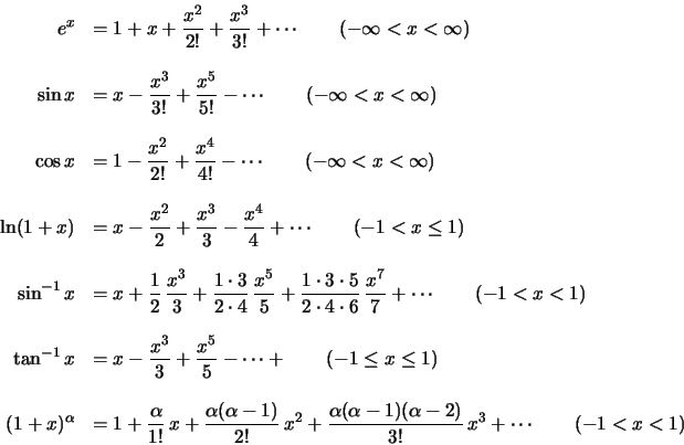 \begin{displaymath}\begin{array}{rl}
e^x &= 1+x+\frac{x^2}{2!}+\frac{x^3}{3!}+\c...
...a}-1)({\alpha}-2)}{3!}
\,x^3+\cdots \qquad (-1<x<1)
\end{array}\end{displaymath}