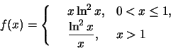 \begin{displaymath}f(x)=\left\{\begin{array}{llll}&x\ln^2 x,&0<x\le 1,\\
&\frac{\ln^2 x}{x}, &x>1 \end{array}\right.\end{displaymath}