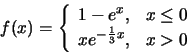 \begin{displaymath}f(x)=\left\{\begin{array}{ll} 1-e^x, &x\le 0\\
xe^{-\frac{1}{3}x}, & x>0
\end{array}\right.\end{displaymath}