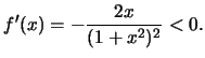 $f'(x)=-\frac{2x}{(1+x^2)^2}<0.$